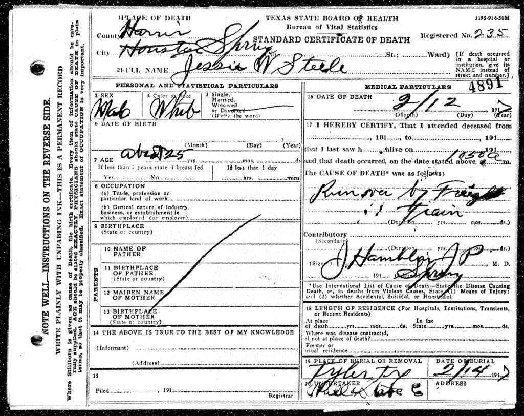 Jessie Steele Death Certificate