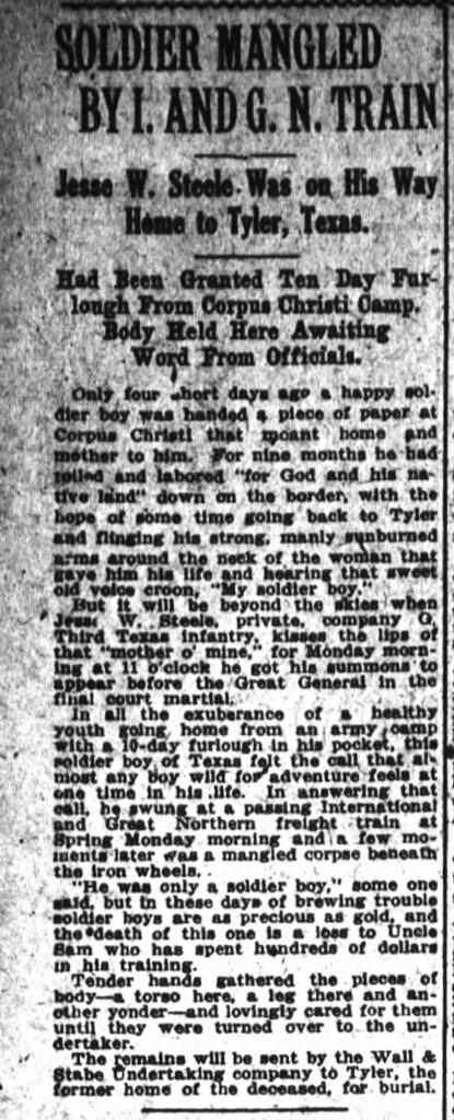 "Soldier Mangled by I. and G.N. Train," Houston Post. 13 February 1917, Page 7